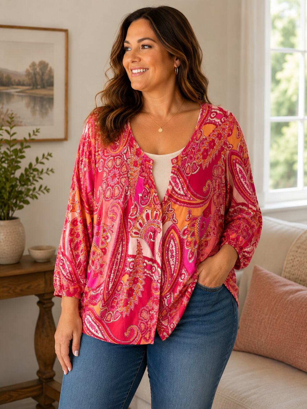 Talbots Large Pink Orange Paisley Button Front Cardigan Top Cotton Rayon